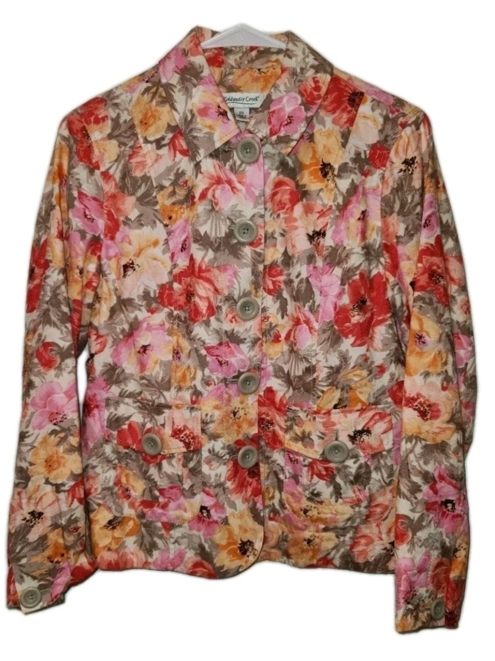 Coldwater Creek Floral Cotton Blazer Jacket Cottagecore Button Front Pink Red 6P